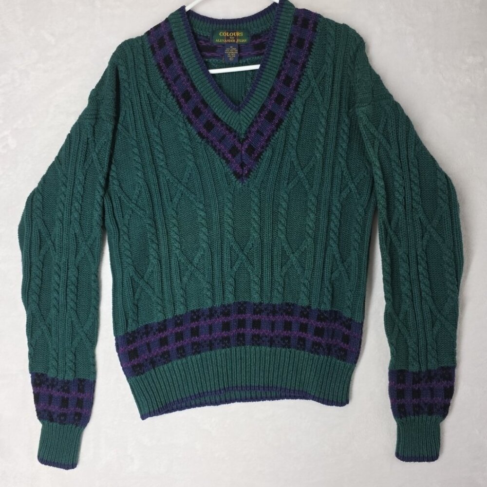 VTG Colours by Alexander Julian V-Neck Cable Knit Sweater Mens Med Linen Cotton